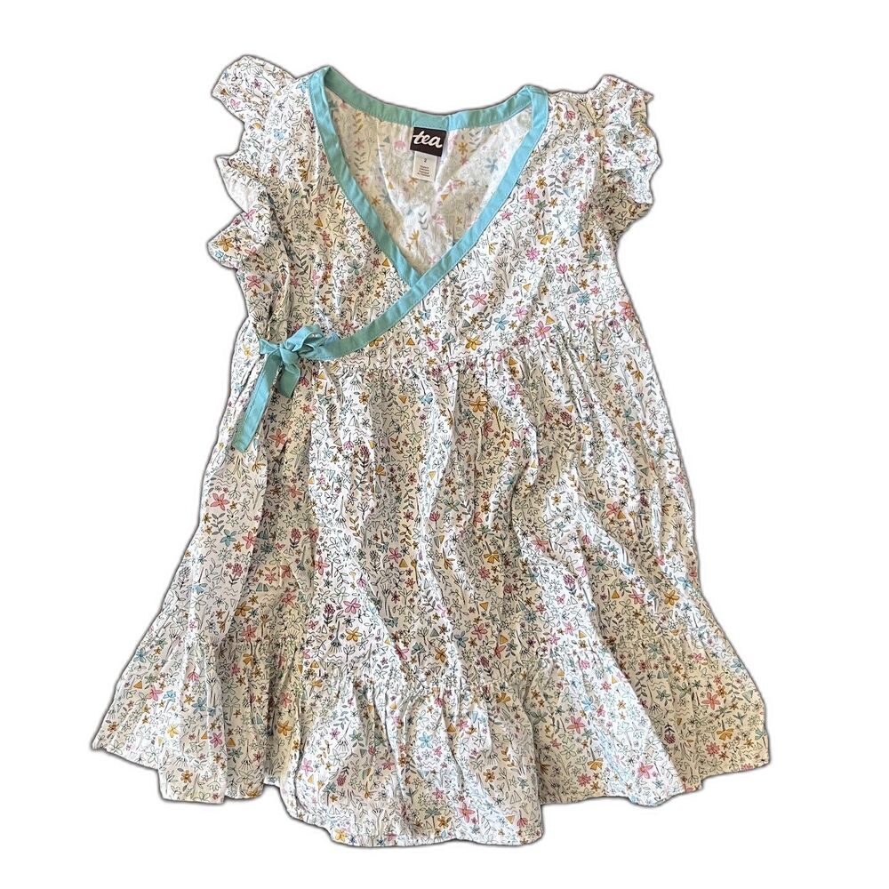 Tea Collection Girls Size 2 Floral Wrap Dress Aqua Trim Flutter Sleeve